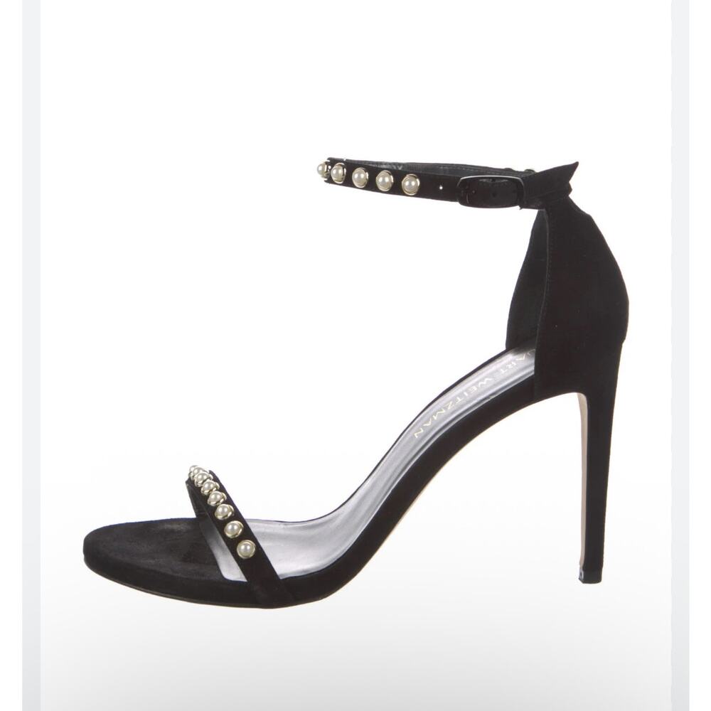 Stuart Weitzman black suede faux pearl embellished nudist sandal heel sz 8.5